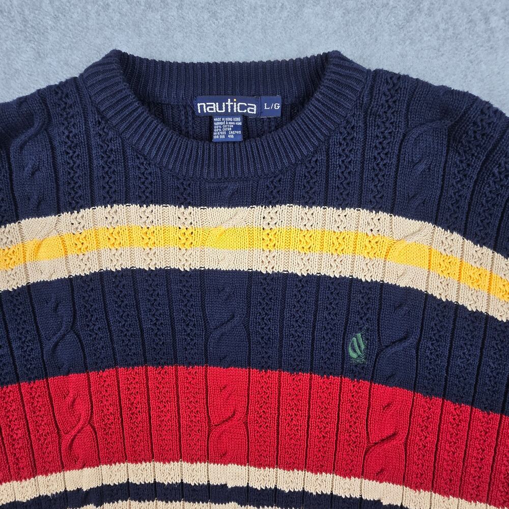 Vintage Nautica Sweater Mens Large Stripe Cable Knit Crew Neck Navy Multi Color - Picture 8 of 16